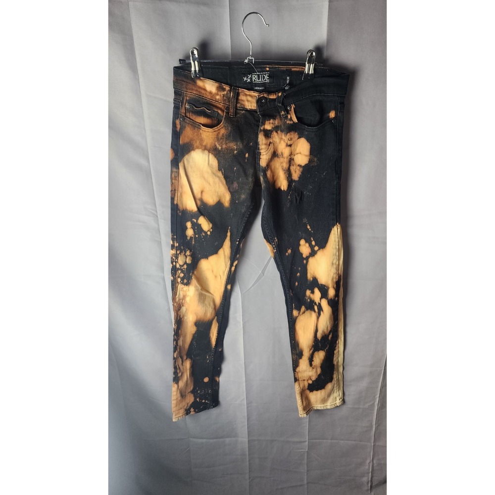 Rude Mens Skinny Jeans 28x32 Black Bleach Splatter Punk Grunge Distressed Denim